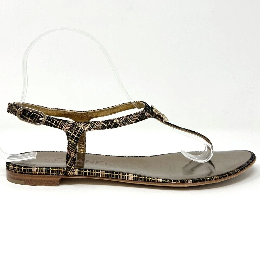 Chanel Logo Gold Embellished Flat Thong Sandals Size EU‎ 37